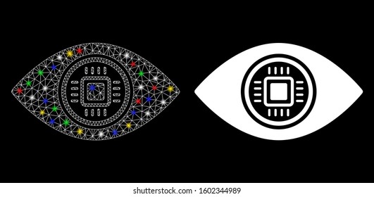 Bright mesh robotics vision icon with glitter effect. Abstract illuminated model of robotics vision. Shiny wire carcass triangular mesh robotics vision icon. Vector abstraction on a black background.