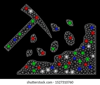 Bright mesh rock mining hammer with glow effect. White wire frame triangular mesh in vector format on a black background. Abstract 2d mesh designed with triangular lines, small circle,