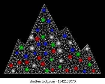Bright mesh rock mountain with glare effect. White wire frame polygonal mesh in vector format on a black background. Abstract 2d mesh designed with polygonal grid, spheric points, colored glare spots.