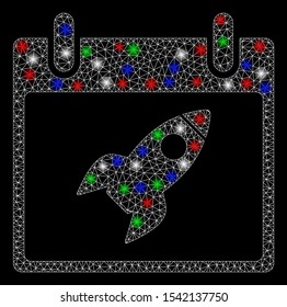 Bright mesh rocket calendar day with glare effect. White wire frame polygonal mesh in vector format on a black background. Abstract 2d mesh built from polygonal grid, dots, colorful glare spots.