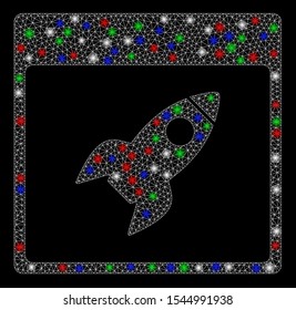 Bright mesh rocket calendar page with lightspot effect. White wire frame polygonal mesh in vector format on a black background. Abstract 2d mesh designed with triangles, dots, colorful glare spots.