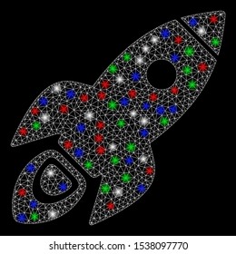 Bright mesh rocket science with glare effect. White wire frame polygonal mesh in vector format on a black background. Abstract 2d mesh built from polygonal grid, small circle, colorful flare spots.