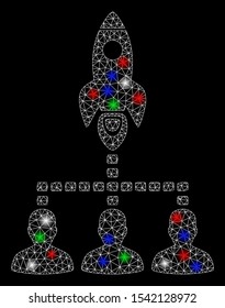 Bright mesh rocket space community with glare effect. White wire carcass triangular mesh in vector format on a black background. Abstract 2d mesh built from triangular lines, spheric points,