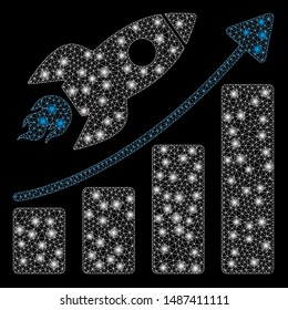 Bright mesh rocket startup chart with lightspot effect. Abstract illuminated model of rocket startup chart icon. Shiny wire frame polygonal mesh rocket startup chart.