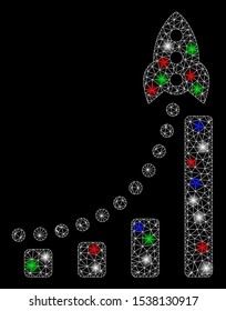 Bright mesh rocket success bar chart with glow effect. White wire frame triangular mesh in vector format on a black background. Abstract 2d mesh designed with triangular lines, spheric points,