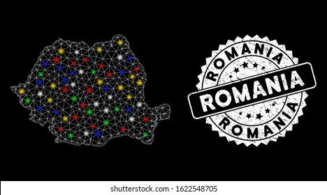 Bright mesh Romania map with glare effect, and seal stamp. Wire carcass polygonal Romania map mesh in vector format on a black background. White round stamp with grunged surface.