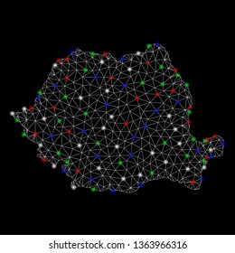 Bright mesh Romania map with lightspot effect. Wire frame triangular mesh in vector format on a black background. Abstract 2d mesh designed with triangular lines, round dots, colored glare spots.