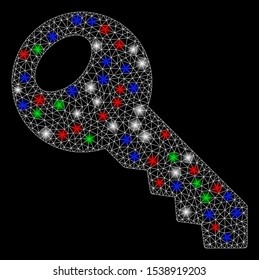 Bright mesh room key with glare effect. White wire carcass triangular mesh in vector format on a black background. Abstract 2d mesh built from polygonal grid, small circle, colorful glare spots.