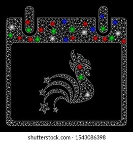 Bright mesh rooster fireworks calendar day with lightspot effect. White wire frame triangular mesh in vector format on a black background. Abstract 2d mesh designed with triangular lines, dots,