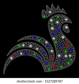 Bright mesh rooster with glare effect. White wire frame triangular mesh in vector format on a black background. Abstract 2d mesh designed with triangular lines, points, colorful flash spots.