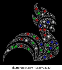Bright mesh rooster with glow effect. White wire carcass triangular mesh in vector format on a black background. Abstract 2d mesh designed with triangular lines, small circle, colored glare spots.