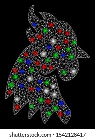 Bright mesh rooster head with glare effect. White wire frame triangular mesh in vector format on a black background. Abstract 2d mesh designed with triangles, points, colorful glare spots.