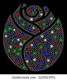 Bright mesh rose button with glare effect. White wire carcass triangular mesh in vector format on a black background. Abstract 2d mesh designed with triangular lines, dots, colorful flash spots.