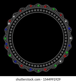 Bright mesh rosette circular star frame with glare effect. White wire frame triangular mesh in vector format on a black background. Abstract 2d mesh created from triangular lines, points,