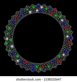 Bright mesh rosette seal frame with glow effect. White wire carcass polygonal mesh in vector format on a black background. Abstract 2d mesh designed with polygonal grid, small circle,