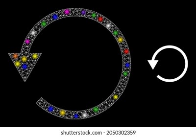 Bright mesh rotate CCW constellation icon with lightspots. Illuminated vector model is created from rotate CCW icon. Sparkle frame mesh rotate CCW on a black background.