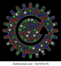 Bright mesh rotate cog with lightspot effect. White wire carcass polygonal mesh in vector format on a black background. Abstract 2d mesh designed with polygonal grid, points, colored flash spots.