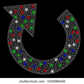 Bright mesh rotate CW with glare effect. White wire frame triangular mesh in vector format on a black background. Abstract 2d mesh designed with triangular lines, dots, colorful flare spots.