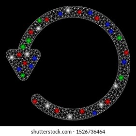 Bright mesh rotate with glow effect. White wire frame triangular network in vector format on a black background. Abstract 2d mesh designed with triangular lines, spheric points, colored flash spots.