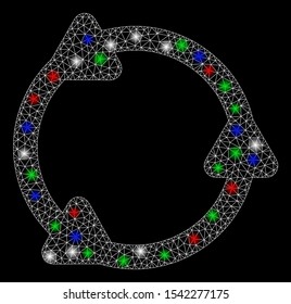 Bright mesh rotate with lightspot effect. White wire carcass polygonal mesh in vector format on a black background. Abstract 2d mesh designed with polygonal grid, dots, colored glare spots.