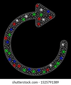 Bright mesh rotate right with glare effect. White wire carcass triangular mesh in vector format on a black background. Abstract 2d mesh designed with triangular lines, dots, colorful light spots.