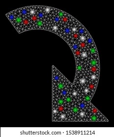 Bright mesh rotate right with lightspot effect. White wire frame triangular mesh in vector format on a black background. Abstract 2d mesh designed with triangular lines, round dots,