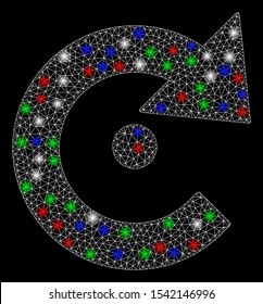 Bright mesh rotation center with glare effect. White wire frame triangular network in vector format on a black background. Abstract 2d mesh designed with triangular lines, dots, colorful glare spots.