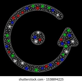 Bright mesh rotation with glow effect. White wire frame triangular mesh in vector format on a black background. Abstract 2d mesh designed with triangles, points, colorful flare spots.