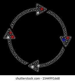 Bright mesh rotation with glow effect. White wire carcass polygonal mesh in vector format on a black background. Abstract 2d mesh designed with polygonal grid, points, colored light spots.