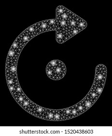 Bright mesh rotation with lightspot effect. Abstract illuminated model of rotation icon. Shiny wire frame polygonal mesh rotation. Vector abstraction on a black background.