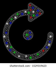 Bright mesh rotation with lightspot effect. White wire frame polygonal mesh in vector format on a black background. Abstract 2d mesh designed with polygonal grid, small circle, colorful flash spots.