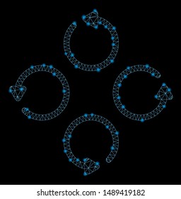 Bright mesh rotation with sparkle effect. Abstract illuminated model of rotation icon. Shiny wire frame triangular mesh rotation. Vector abstraction on a black background.