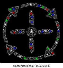 Bright mesh rotor with glare effect. White wire frame triangular mesh in vector format on a black background. Abstract 2d mesh created from triangular lines, dots, colored flash spots.