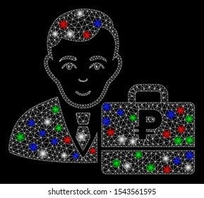 Bright mesh rouble accounter with lightspot effect. White wire frame triangular mesh in vector format on a black background. Abstract 2d mesh designed with triangular lines, dots,