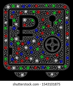 Bright mesh rouble bank safe with glare effect. White wire carcass triangular mesh in vector format on a black background. Abstract 2d mesh designed with triangular lines, points, colored glare spots.