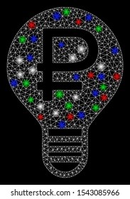 Bright mesh rouble bulb with glow effect. White wire frame triangular network in vector format on a black background. Abstract 2d mesh designed with triangular lines, dots, colored glare spots.