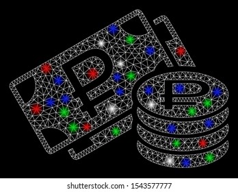 Bright mesh rouble cash with glow effect. White wire frame polygonal mesh in vector format on a black background. Abstract 2d mesh designed with polygonal grid, small circle, colored flash spots.