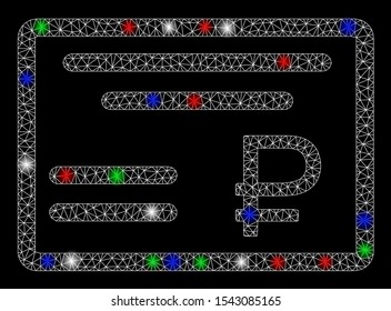 Bright mesh rouble cheque with glare effect. White wire frame polygonal mesh in vector format on a black background. Abstract 2d mesh designed with triangular lines, dots, colored glare spots.