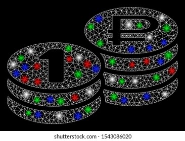 Bright mesh rouble coin stacks with lightspot effect. White wire frame triangular mesh in vector format on a black background. Abstract 2d mesh designed with polygonal grid, small circle,