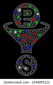 Bright mesh rouble currency conversion with glow effect. White wire carcass polygonal mesh in vector format on a black background. Abstract 2d mesh designed with triangles, small circle,