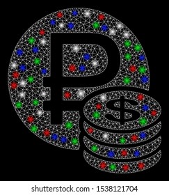 Bright mesh rouble and dollar coins with glare effect. White wire carcass triangular network in vector format on a black background. Abstract 2d mesh designed with triangular lines, dots,