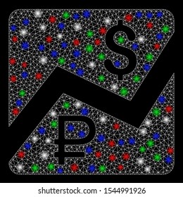 Bright mesh rouble and dollar finances with glare effect. White wire frame polygonal mesh in vector format on a black background. Abstract 2d mesh designed with polygonal grid, dots,