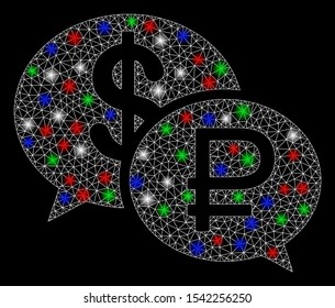 Bright mesh rouble dollar transaction with lightspot effect. White wire frame polygonal mesh in vector format on a black background. Abstract 2d mesh built from polygonal grid, dots,