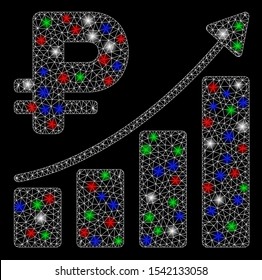 Bright mesh rouble growth trend with lightspot effect. White wire frame triangular mesh in vector format on a black background. Abstract 2d mesh designed with triangular lines, round dots,