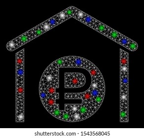 Bright mesh rouble storage with glow effect. White wire carcass polygonal mesh in vector format on a black background. Abstract 2d mesh designed with triangular lines, spheric points,