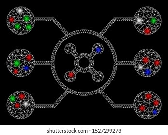 Bright mesh roulette circuit with glow effect. White wire carcass triangular mesh in vector format on a black background. Abstract 2d mesh created from triangular lines, round dots,