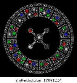 Bright mesh roulette with glare effect. White wire carcass triangular mesh in vector format on a black background. Abstract 2d mesh built from polygonal grid, spheric points, colored glare spots.