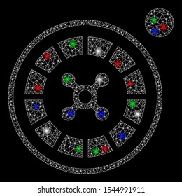 Bright mesh roulette with glare effect. White wire carcass polygonal mesh in vector format on a black background. Abstract 2d mesh designed with polygonal grid, dots, colored flare spots.