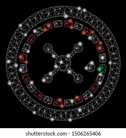 Bright mesh roulette with glow effect. Abstract illuminated model of roulette icon. Shiny wire carcass polygonal mesh roulette. Vector abstraction on a black background.