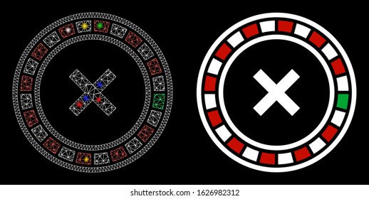 Bright mesh roulette icon with lightspot effect. Abstract illuminated model of roulette. Shiny wire carcass polygonal mesh roulette icon. Vector abstraction on a black background.